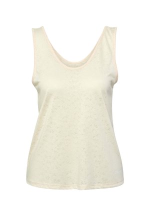 Bezramionkowy top w jasnym kremie o miękkiej strukturze, z okrągłym dekoltem i kontrastowymi brzoskwiniowymi szwami na krawędziach.