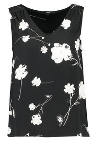 Top senza maniche nero con scollo a V e stampa floreale bianca. Realizzato in tessuto morbido con una vestibilità comoda e leggere pieghe sulle spalle.