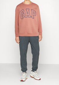 Sudadera de color rosa claro con el logo en navy "GAP", combinada con joggers gris oscuro y zapatillas blancas con acentos en rojo. Ropa casual deportiva.