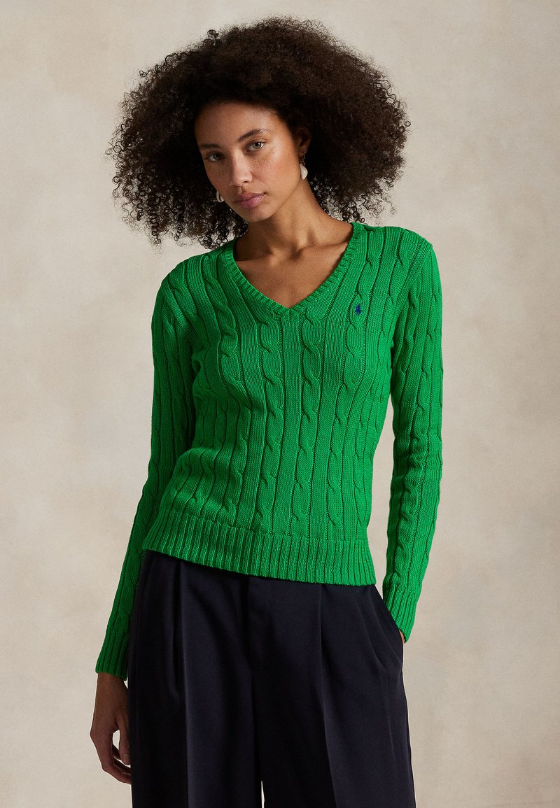 Polo Ralph Lauren CABLE-KNIT COTTON V-NECK SWEATER - Svetrík - preppy green