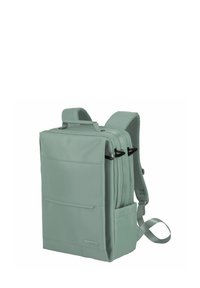 Zaino verde chiaro con design strutturato, due spallacci regolabili, tasca frontale, chiusura a doppia cerniera e tessuto testurizzato.