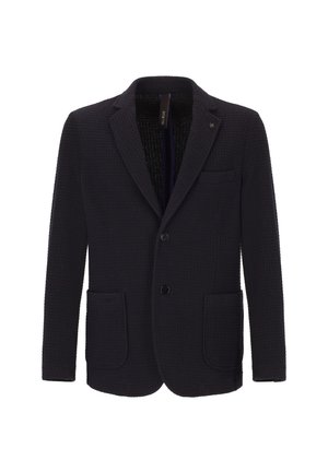 Blazer blu navy con due tasche frontali, tessuto texture, chiusura a un bottone e rever a punta. L'interno presenta una fodera elegante.