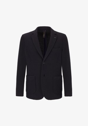 Blazer blu navy con due tasche frontali, tessuto texture, chiusura a un bottone e rever a punta. L'interno presenta una fodera elegante.