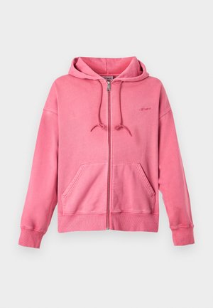 Pink zip-up hoodie with drawstring hood, front kangaroo pockets, ribbed cuffs, and subtle logo on the left chest.