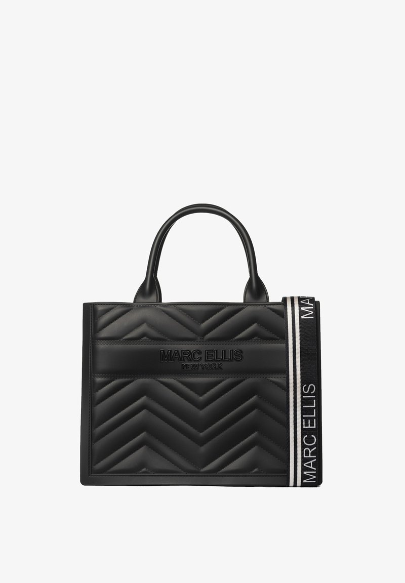 Sac fourre-tout noir matelassé avec motif en chevrons, doté de deux poignées et d'une sangle latérale avec logo. Fabriqué en matériau lisse.