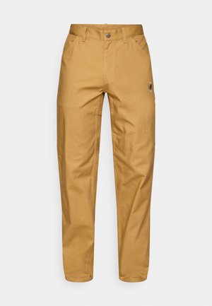 Men's tan work pants with front pockets, belt loops, a button closure, and a small circular logo on the right thigh.