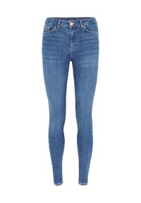 Smala jeans i medelblå denim, med fem fickor, en framknappstängning och subtila blekningar på låren för textur.