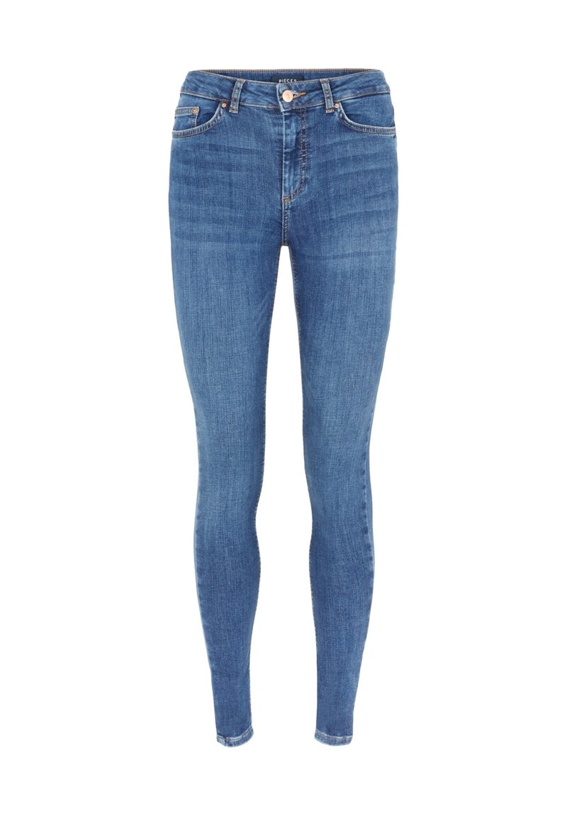 Smala jeans i medelblå denim, med fem fickor, en framknappstängning och subtila blekningar på låren för textur.