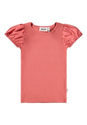 Camiseta rosa de punto acanalado con mangas cortas abullonadas de satén. Presenta un escote redondo y una etiqueta con logo en el costado. Textura suave.