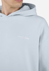 Lyseblå hettegenser laget av mykt stoff. Har en lomme foran og ribbestrikkede cuffs. "PECAOOR"-logoen i hvitt er brodert på brystet.