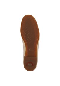 Suola di scarpa in gomma marrone con grip a motivo, caratterizzata da un tacco arrotondato e un leggero arco. Testo impresso con il nome del marchio sulla superficie.