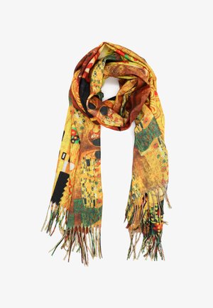 Sciarpa multicolore con un motivo ispirato all'arte, principalmente in tonalità di giallo e marrone, con bordi frangiati e texture variegate.