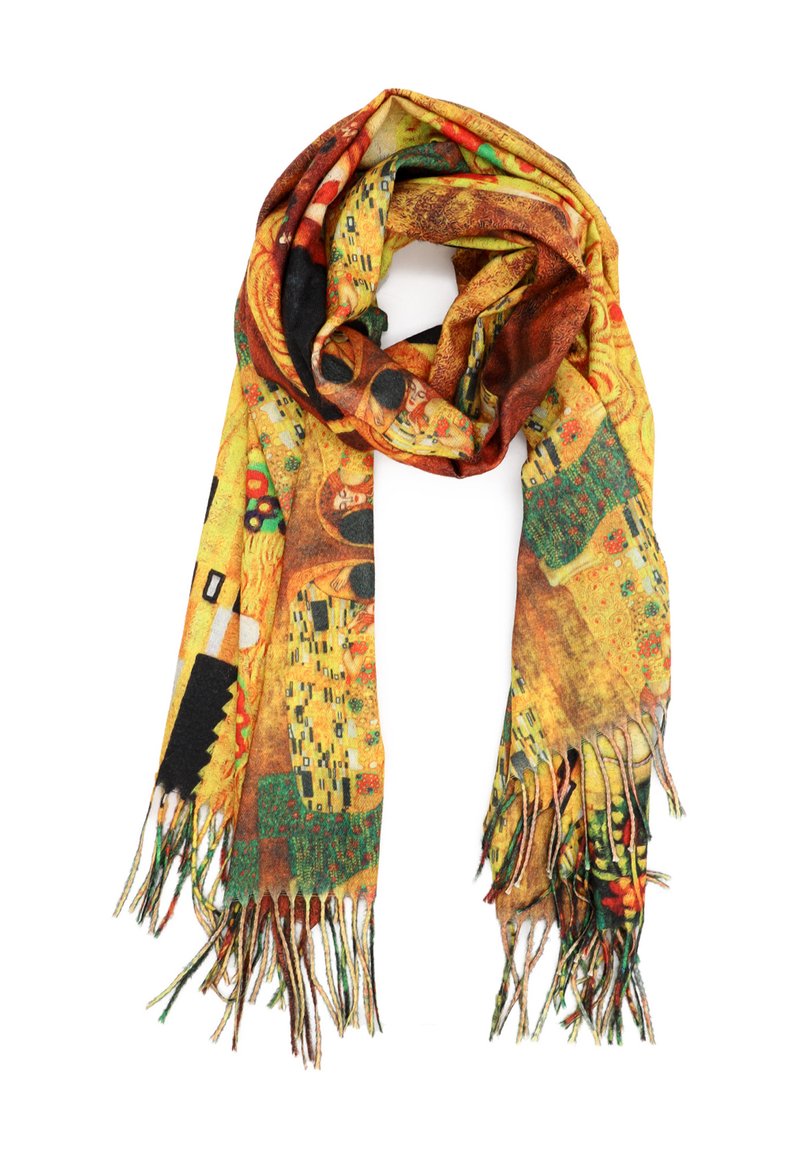 Sciarpa multicolore con un motivo ispirato all'arte, principalmente in tonalità di giallo e marrone, con bordi frangiati e texture variegate.