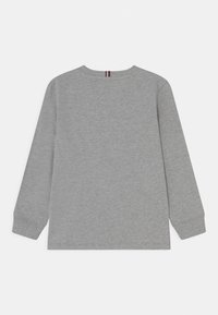 Light grey long-sleeve shirt with round neckline and a small vertical red, white, and black striped tag at the back collar.