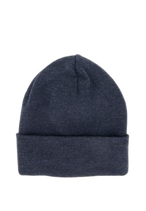 Dunkelgraue gestrickte Beanie-Mütze mit umgeschlagenem Rand aus geripptem Stoff, vor weißem Hintergrund gezeigt.