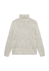 Hellgrauer Pullover mit hohem Kragen, aus strukturiertem Strickstoff, mit einem gesprenkelten Muster und gerippten Bündchen sowie Saum.