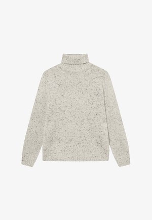 Vaaleanharmaa korkeakauluksinen villapaita, joka on valmistettu teksturoidusta neulekankasta, ominaispiirteenä täplikkäät kuviot sekä ribbiriipukset hihansuissa ja helman yläosassa.