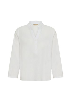 Valge pika varrukaga pluus rüüsäärise ja kolme nööbiga ees, esitletud ühevärvilisel valgel taustal.