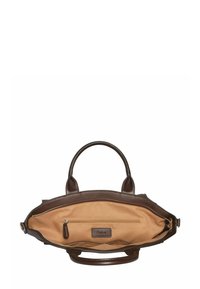 Sac �à main en cuir marron avec intérieur beige, poche zippée, double anses et texture lisse. Design ouvert mettant en valeur l'espace et les options de rangement.