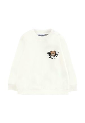 Witte sweatshirt met ribgebreide boorden en halslijn, met een grafiek van een bruine beer en de tekst "Moschino" op de borst. Gemaakt van een katoenmix.