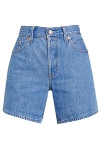 Höga blå denimshorts med framknapp, dragkedjestängning, sidofickor och bälteshällor.