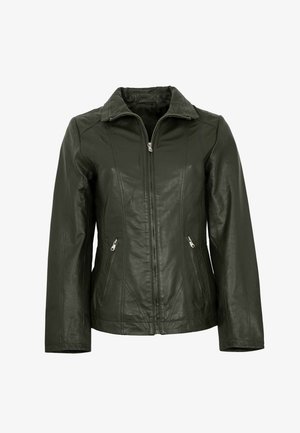 Dunkelgrüne Lederjacke mit Reißverschluss vorne, zwei Seitentaschen und einem strukturierten Kragen. Verfügt über vertikale Steppnähte für zusätzliche Details.