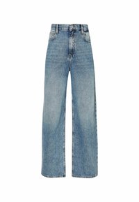 High-waisted, wide-leg jeans made of light blue denim with a faded finish, featuring five pockets and a front zipper closure.