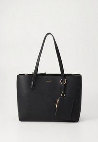 Zwarte faux leren shopper met dubbele handvatten, gouden hardware en een afneembare kaarthouder. Gladde textuur, rechthoekige vorm.