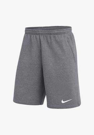 Graue Sportshorts aus weichem, flexiblem Stoff. Elastischer Bund, Seitentaschen und ein weißes Nike-Logo vorne unten links.