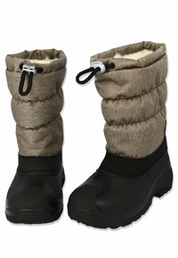 Braune Stoff-Schneestiefel mit gepolstertem Oberteil, verstellbarem Kordelzug und schwarzer Gummisohle. Weiche Fütterung, die oben sichtbar ist.
