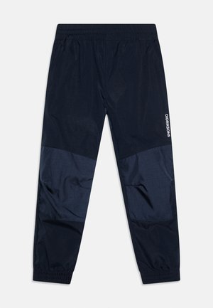 Laivastonsiniset juoksuhousut, joissa on joustava vyötärönauha ja lahkeensuut, vahvistetut polvipaikat ja "Didriksons"-logo oikeassa reidessä.