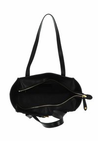 Borsa a tracolla in pelle nera con texture liscia, tasca interna con zip e spallacci piatti. Presenta dettagli in metallo color oro sulla zip.