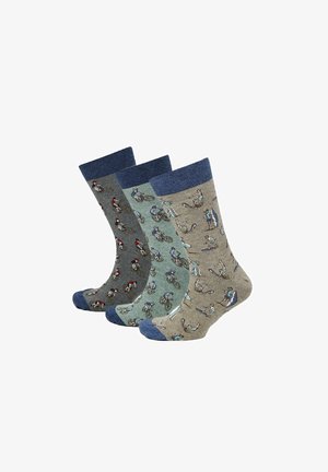 Drie paar sokken met patroon met blauwe boorden en tenen; ontwerpen omvatten fietsers op grijze en groene sokken en skateboarders op beige sokken.
