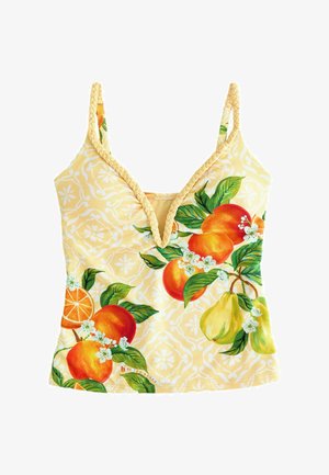 Gelbes ärmelloses Oberteil mit geflochtenen Trägern, verziert mit einem Fruchtmuster aus Orangen, Birnen, grünen Blättern und weißen Blumen.