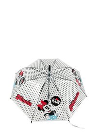 Transparent umbrella with black polka dots, featuring red and black "Minnie" graphics and an accent of blue. Metal frame and plastic handle.