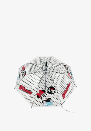 Transparent umbrella with black polka dots, featuring red and black "Minnie" graphics and an accent of blue. Metal frame and plastic handle.
