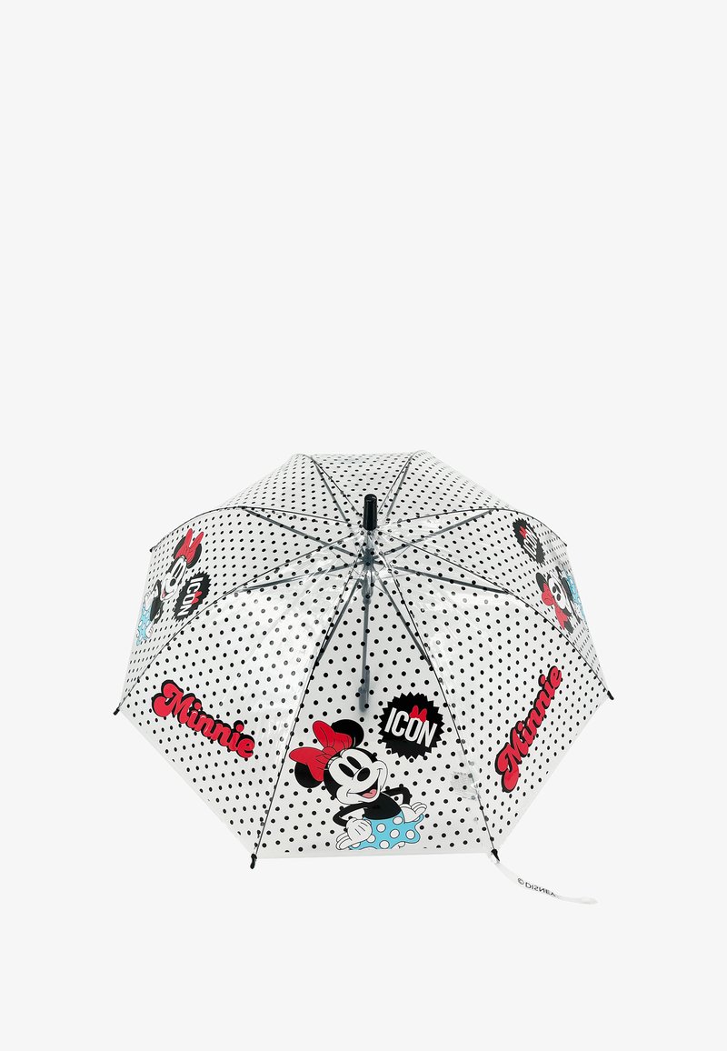 Transparent umbrella with black polka dots, featuring red and black "Minnie" graphics and an accent of blue. Metal frame and plastic handle.