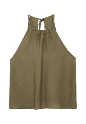 Mouwloze olijfgroene haltertop met geplooide halslijn en striksluiting aan de achterkant, gemaakt van lichtgewicht textuurstof.