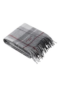 Plaid grey blanket made of wool, featuring fringed edges and red accents. Folded neatly for storage, showing texture and pattern details.