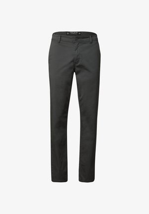 Chinos neri realizzati in misto cotone, con zip, chiusura a bottone, due tasche frontali e design slim-fit.