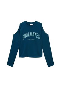 Teal pulover s kapuco z dolgimi rokavi in izrezi na ramenih. Ima natisnjeno besedo "SOULMATES" v srebrni barvi in pod njo "NO MATTER WHAT".