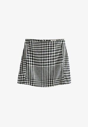 Schwarz-weißer karierter Minirock in gerader Form, mit einem Bund und Seitentaschen, aus leichtem Stoff gefertigt.