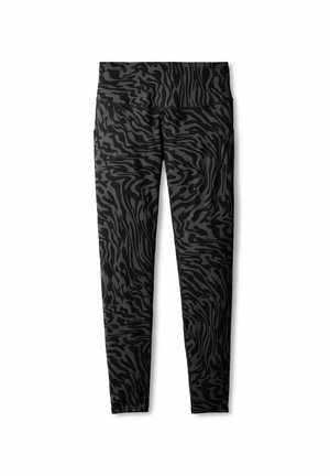 Legging noirs avec un motif texturé en noir et gris en tourbillon. Conçus avec une taille haute et une coupe ajustée.