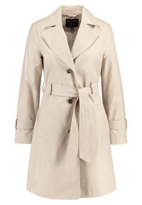 Beige trenchcoat i slätt tyg. Har en bred krage, dubbelknäppning, bälte vid midjan och justerbara ärmslut.