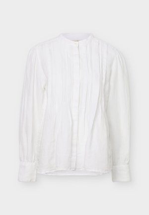 Weiße Langarmbluse mit vertikalen Falten, rundem Kragen, Knopfleiste vorne und breiten Manschetten.