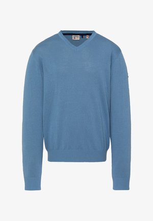 Jasnoniebieski sweter z długim rękawem i dekoltem w serek, z prążkowanymi mankietami i dołem, prezentowany na białym tle.