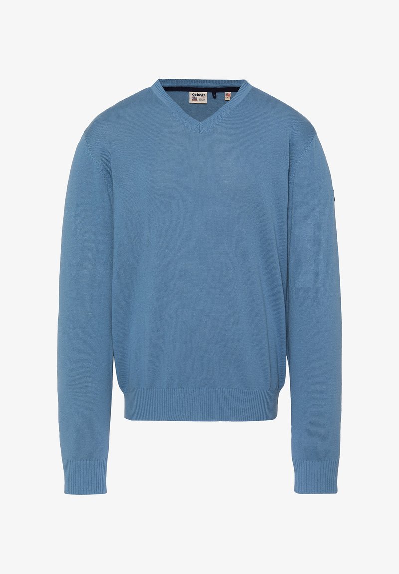 Pull bleu clair à manches longues avec col en V, poignets et ourlet côtelés, présenté sur un fond blanc.