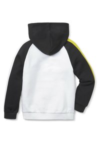 Bluza z kapturem z czarnymi rękawami z żółtymi akcentami, białym korpusem, miękką fakturą, fasonem raglanowym oraz ściągaczami na rękawach i u dołu.
