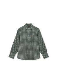 Green long-sleeve shirt with a button-down collar, featuring a white circular pattern, front patch pocket, and button closure on the cuffs.
