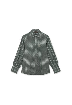 Grünes Langarmhemd mit Button-Down-Kragen, das ein weißes kreisförmiges Muster aufweist, eine vordere aufgesetzte Tasche und eine Knopfverschluss an den Manschetten hat.